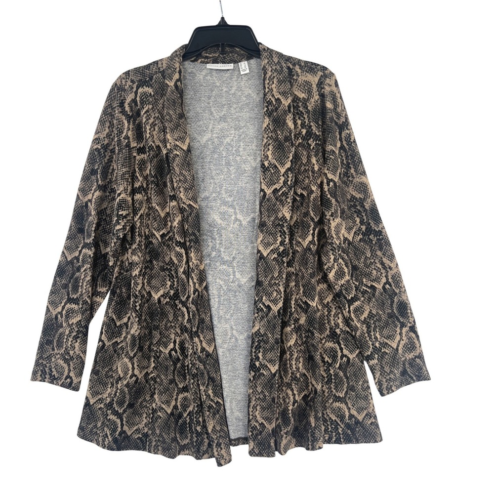 Susan Graver Jersey Knit Snake‎ Print Cardigan Size L Brown Drape Front Mob Wife
